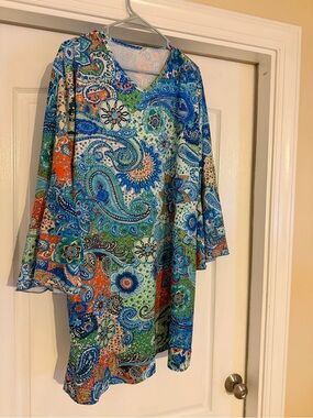 Vibrant Paisley Tunic Top in Blue & Green XXL